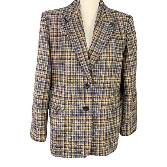 Worthington Blazer Jacket Women 12p Wool Blend 2 Button Brown Plaid Lined - Picture 1 of 10
